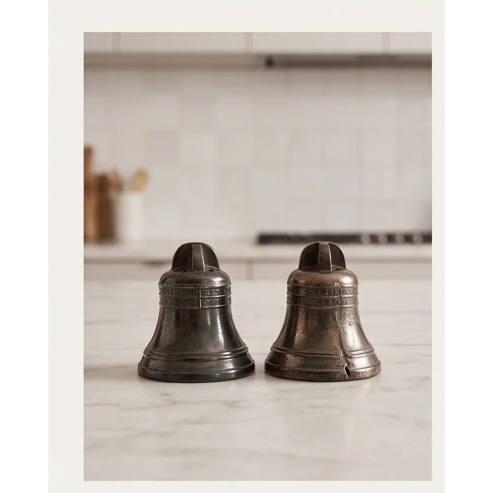 Blecher Vintage Liberty Bell Salt & Pepper Shakers Pewter Metal Pair 2 Inch